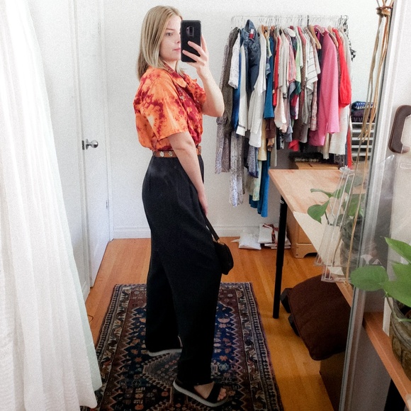 90s Short Sleeve Button Down Burnt Orange Shirt Oversized Reverse Bleached - Picture 2 of 9